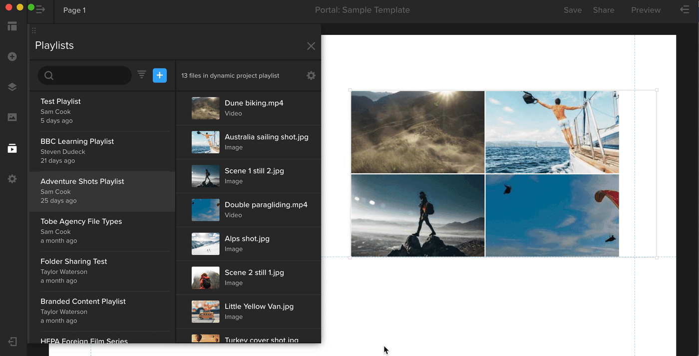 MediaSilo Spotlight editor with the Playlists panel open beside a gallery of adventure photos