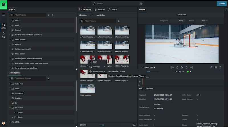 EditShare One asset view with a right-click menu showing Scan and automation options