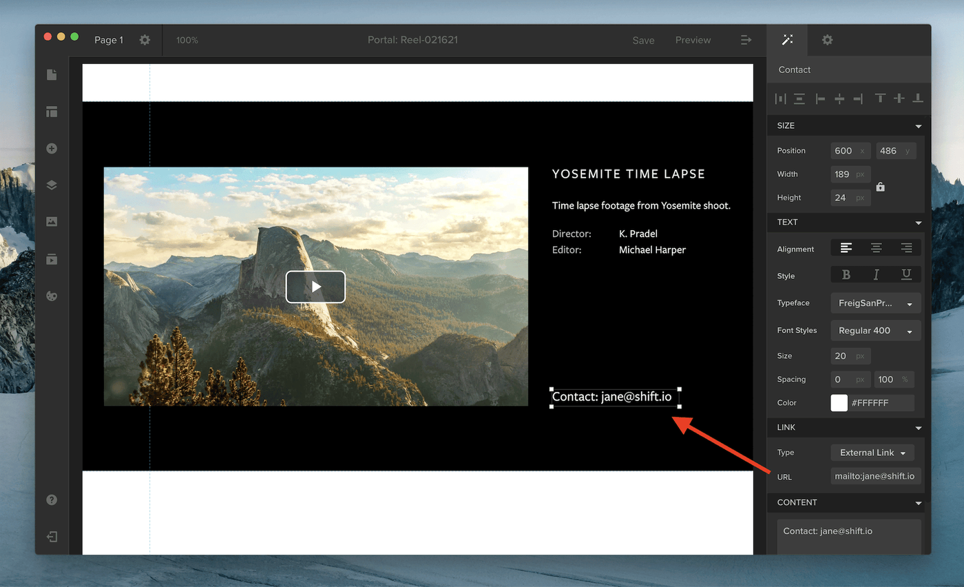 MediaSilo Spotlight editor adding a mailto link to a contact text element