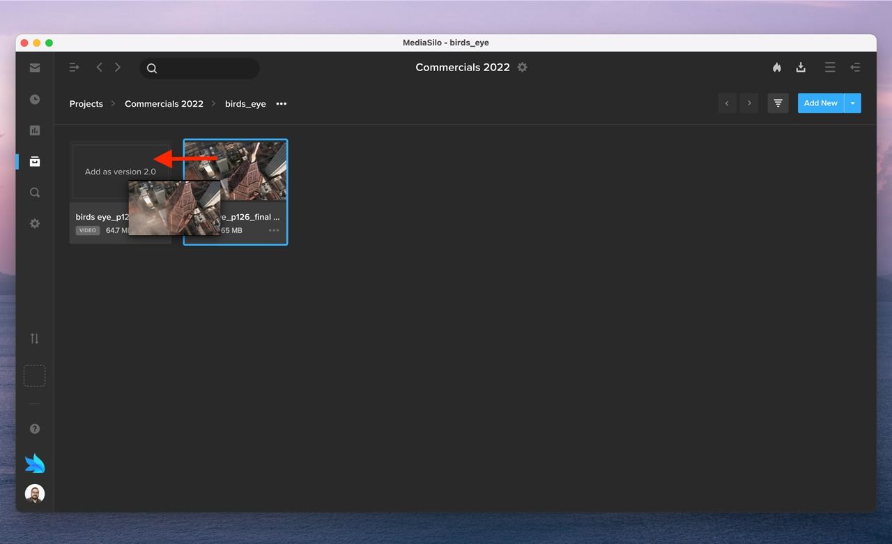 MediaSilo asset view showing a new file dragged onto an existing asset to add it as version 2.0