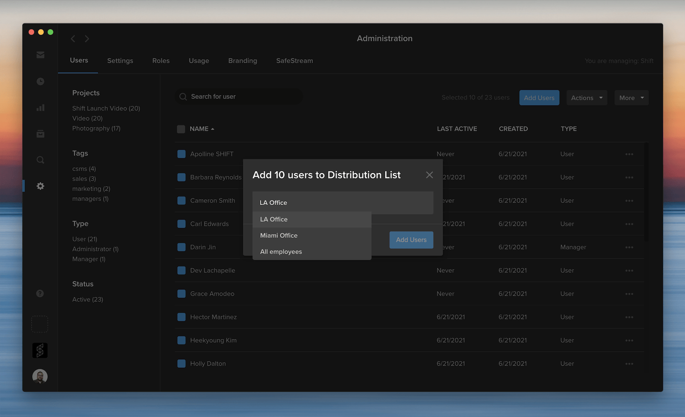 MediaSilo Administration users list with the Add 10 users to Distribution List dialog open