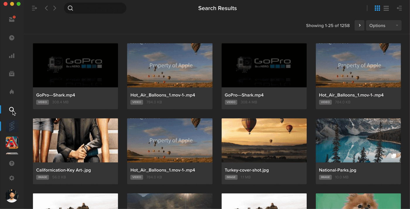 MediaSilo Global Search results showing a grid of video and image assets