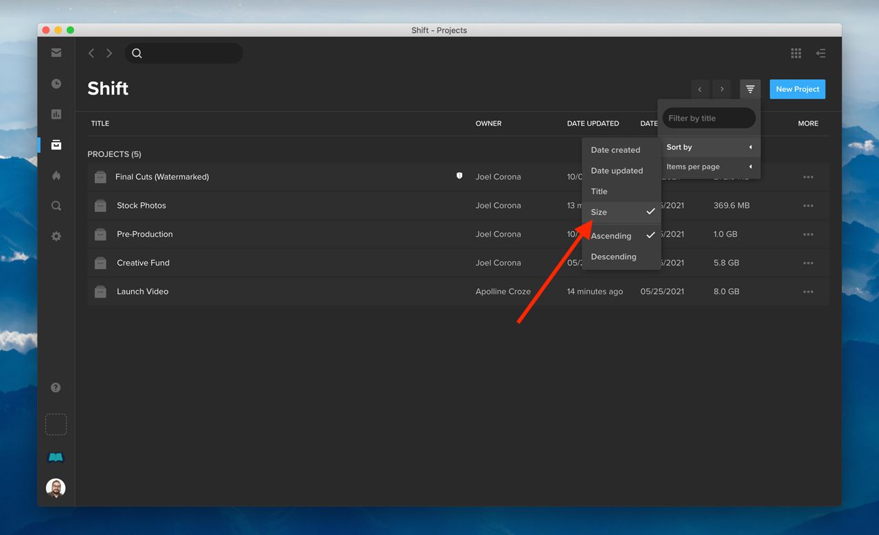 MediaSilo Projects list with the new Sort by Size option selected