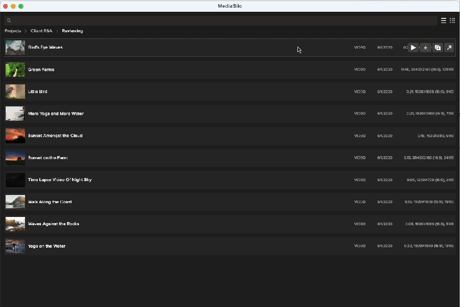 MediaSilo panel inside DaVinci Resolve Studio listing video assets available to preview and download