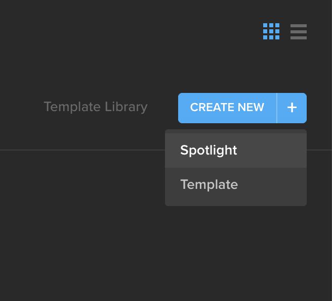 MediaSilo Spotlight homepage with the Create New menu open showing Spotlight and Template options