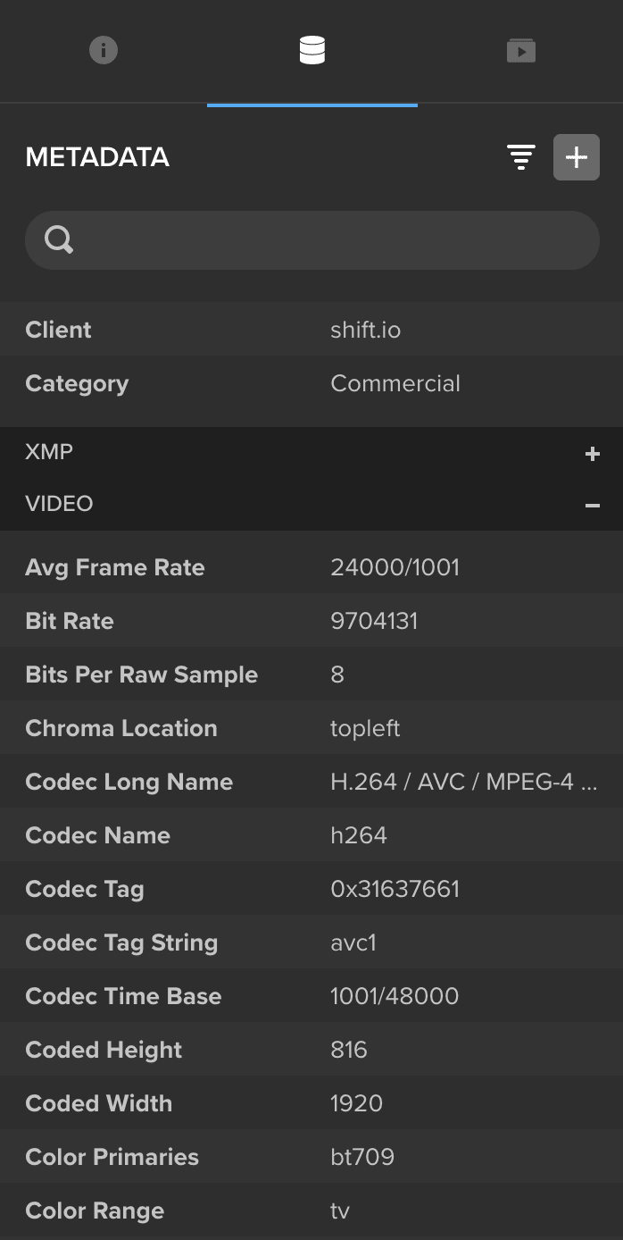 MediaSilo Metadata drawer showing extended video metadata such as frame rate, bit rate and codec
