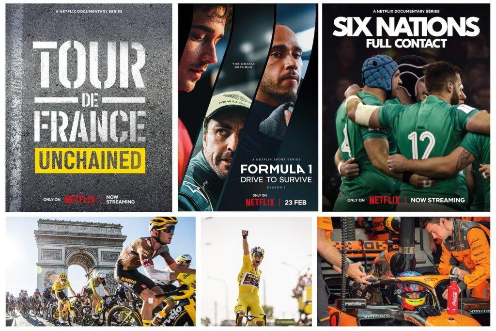 Netflix posters for Tour de France: Unchained, Formula 1: Drive to Survive and Six Nations: Full Contact with race and rugby stills