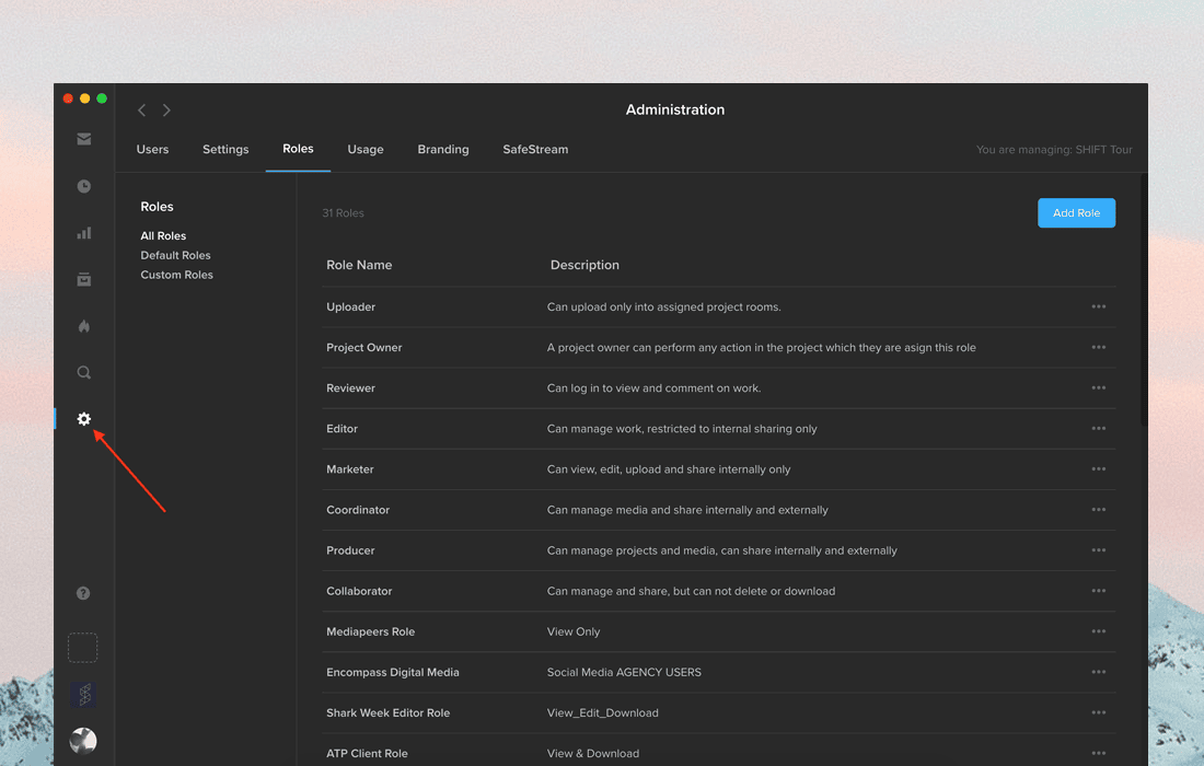 MediaSilo Administration Roles tab listing custom user roles and their permissions
