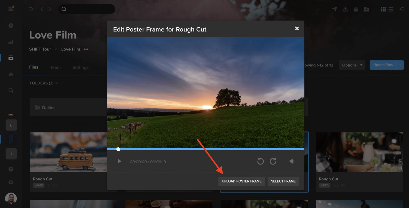 MediaSilo Edit Poster Frame dialog with the Upload Poster Frame button highlighted