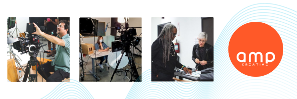 AMP Creative banner with photos of camera operators and crew on set beside the AMP Creative logo