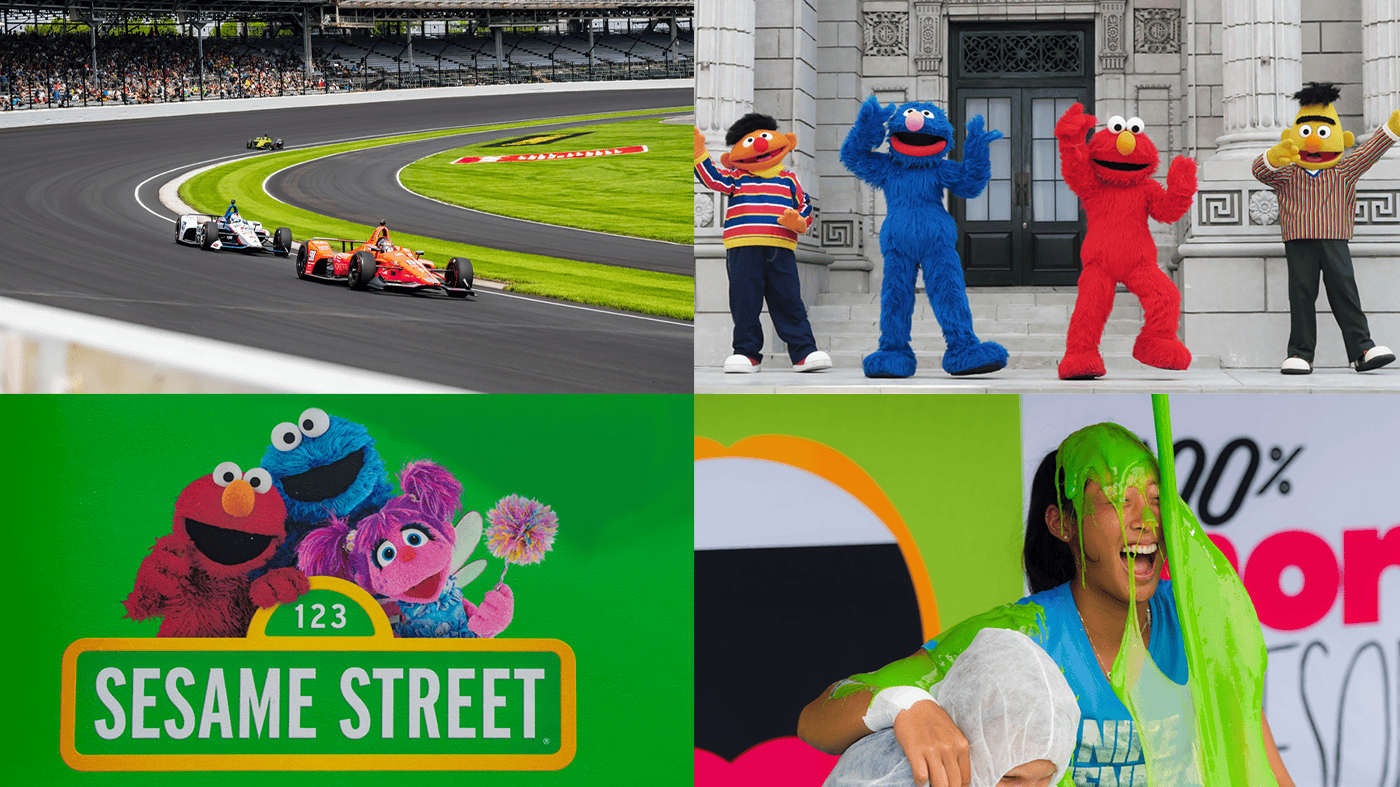 Collage of DEFINITION 6 work: IndyCar racing, Sesame Street characters, and a slime stunt
