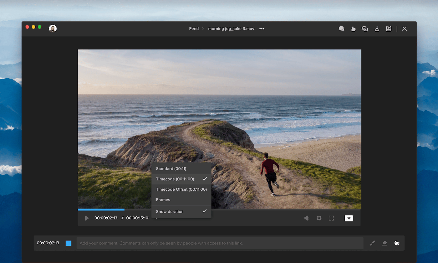 MediaSilo video player with the new time display menu offering Standard, Timecode, Timecode Offset and Frames options