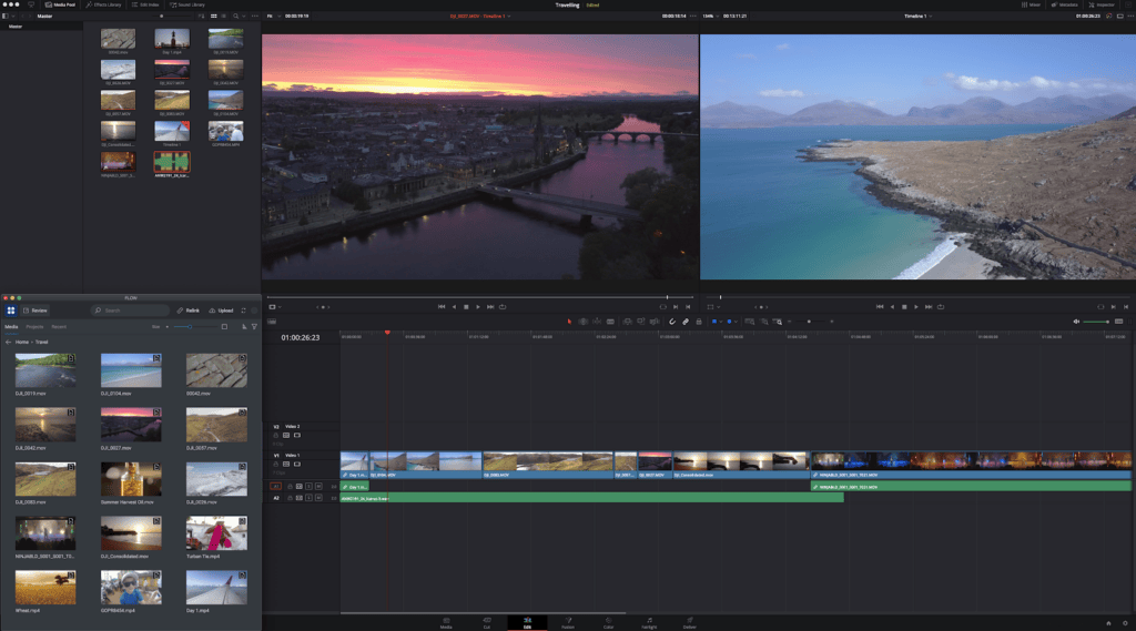 DaVinci Resolve Studio with the FLOW panel showing a media library beside the edit timeline