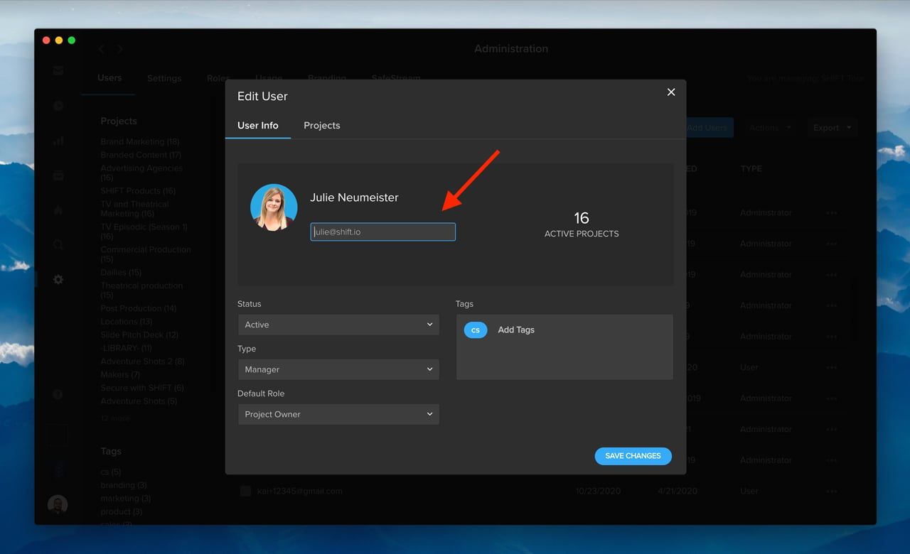 MediaSilo Administration Edit User window with an arrow pointing to the editable email address field
