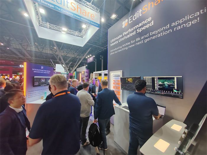 Visitors at the EditShare booth at IBC 2024 promoting Ultimate performance and NVMe for 8K workflows