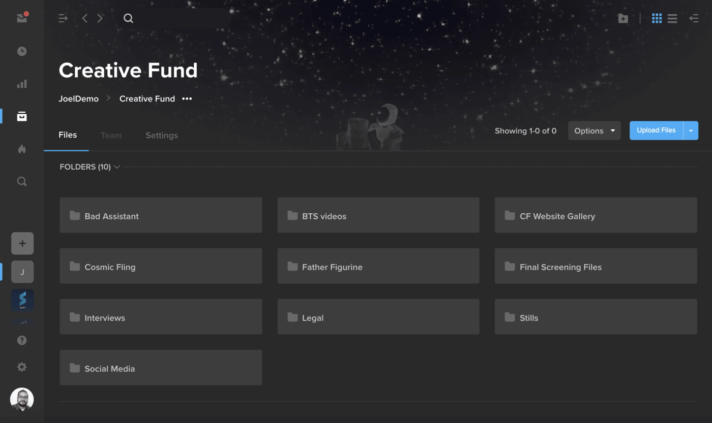 SHIFT project page for Creative Fund showing ten folders, with the Upload Files button top right
