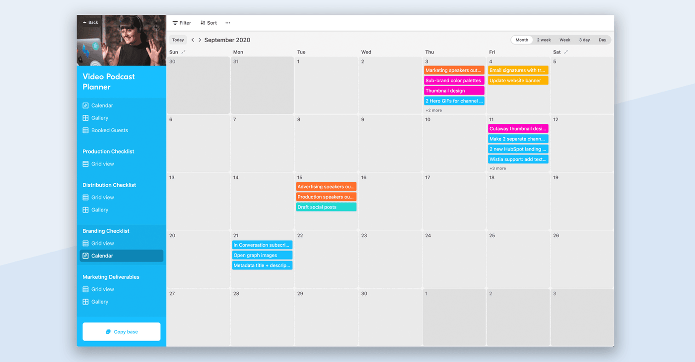 Airtable Video Podcast Planner calendar view with color-coded tasks for September 2020