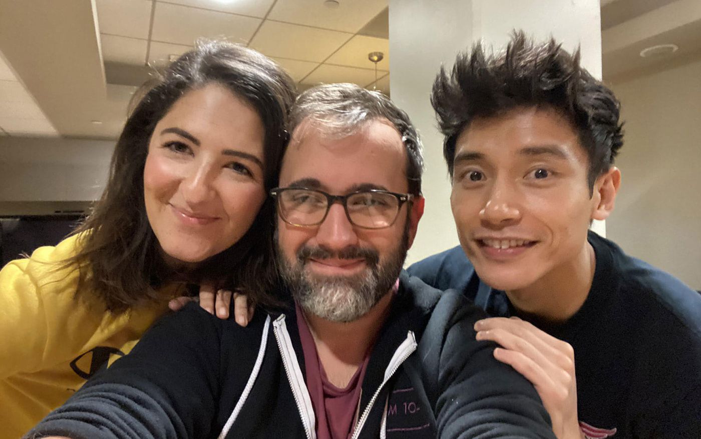 The Good Place actors D'Arcy Carden and Manny Jacinto in a selfie with editor Eric Kissack