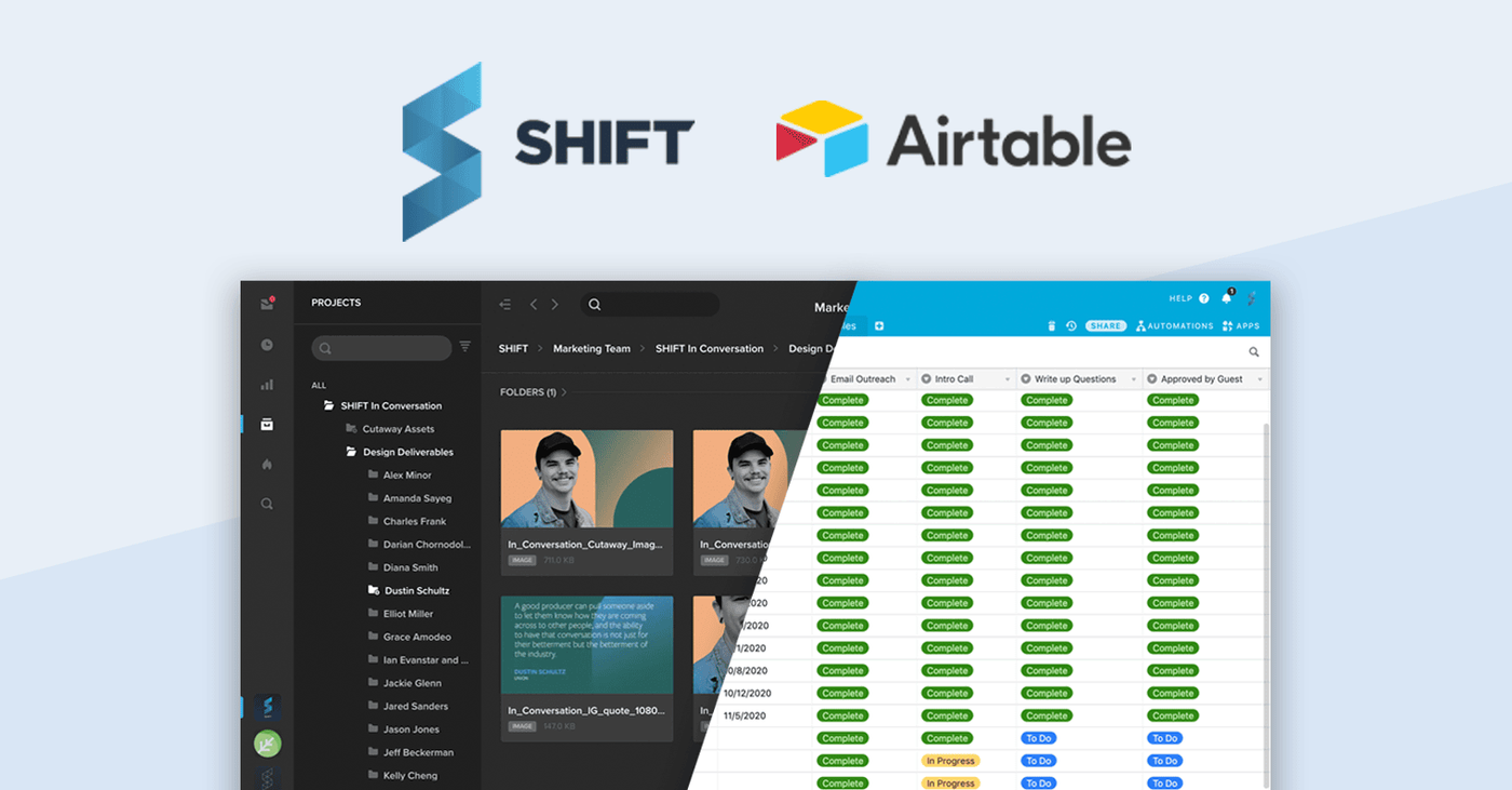 SHIFT project folders beside an Airtable production tracker for the Shift In Conversation series