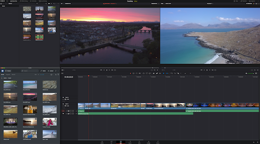 FLOW Panel inside the DaVinci Resolve 17 interface, showing media thumbnails beside the timeline and viewers