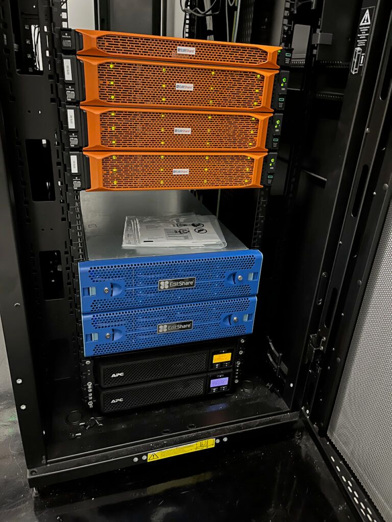 EditShare EFS storage nodes and blue EditShare servers installed in a rack at the University of Technology Sydney