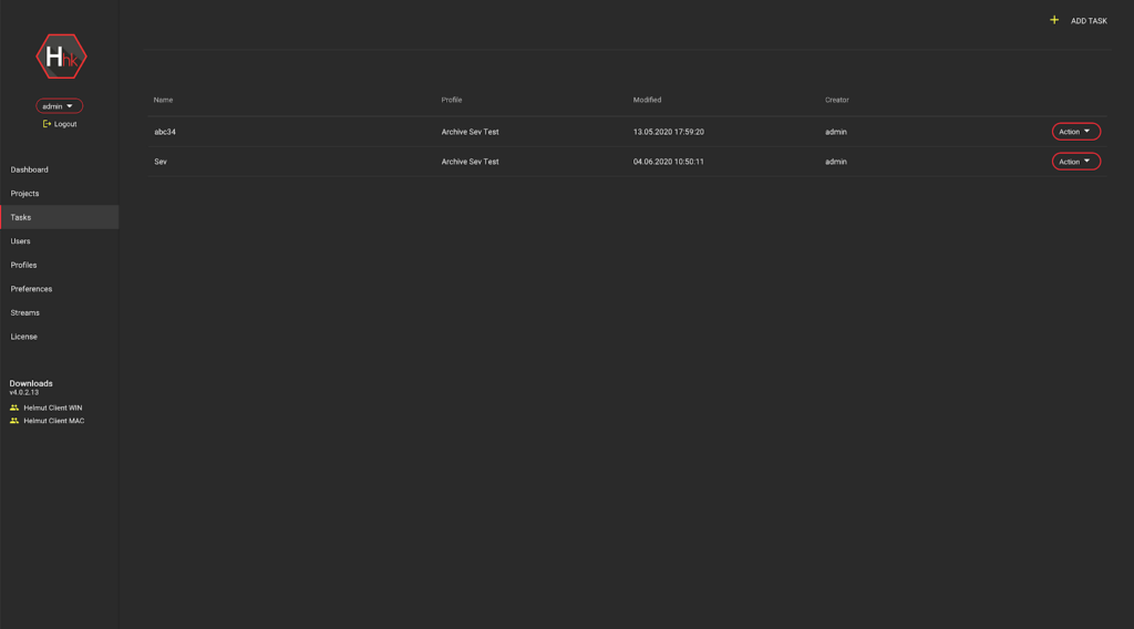 Helmut HK Tasks screen listing archive tasks with their profiles, modified dates and creators