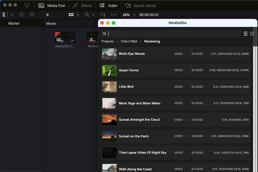MediaSilo panel inside DaVinci Resolve Studio listing project videos available to preview and download into the Media Pool