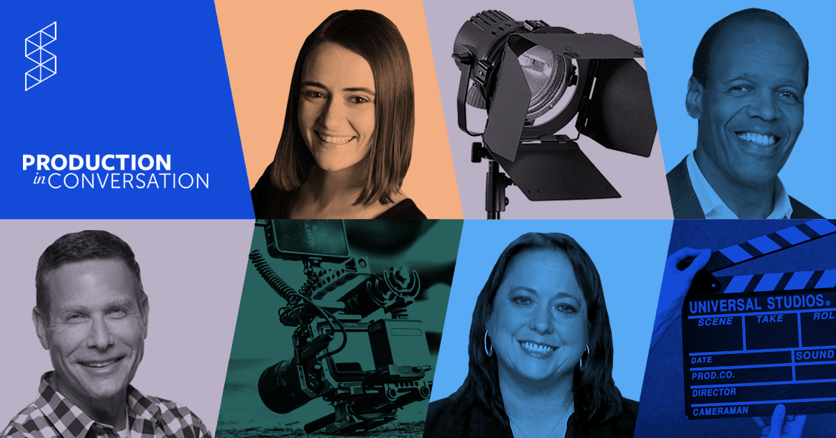 Production in Conversation series banner with guest portraits, a studio light, camera rig and clapperboard