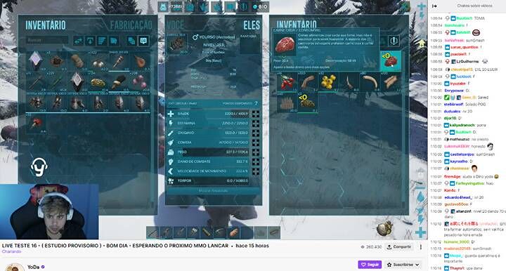 Brazilian streamer playing a survival game with a Portuguese-language interface and live chat, illustrating localized game content