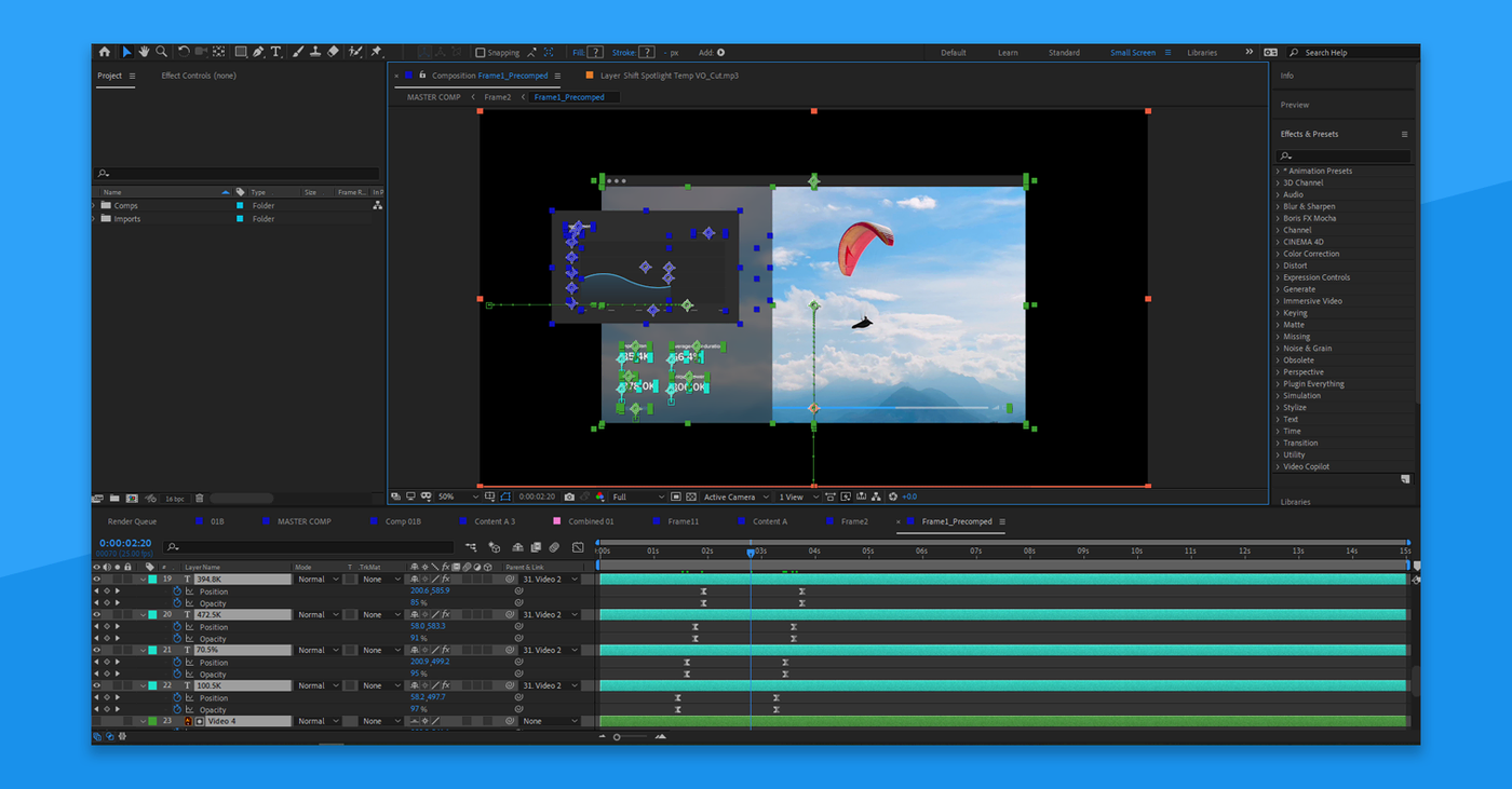 Vidico animation composition in Adobe After Effects with keyframed layers on the timeline