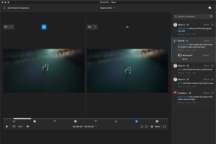 MediaSilo side-by-side version comparison of two cuts with the comment drawer open