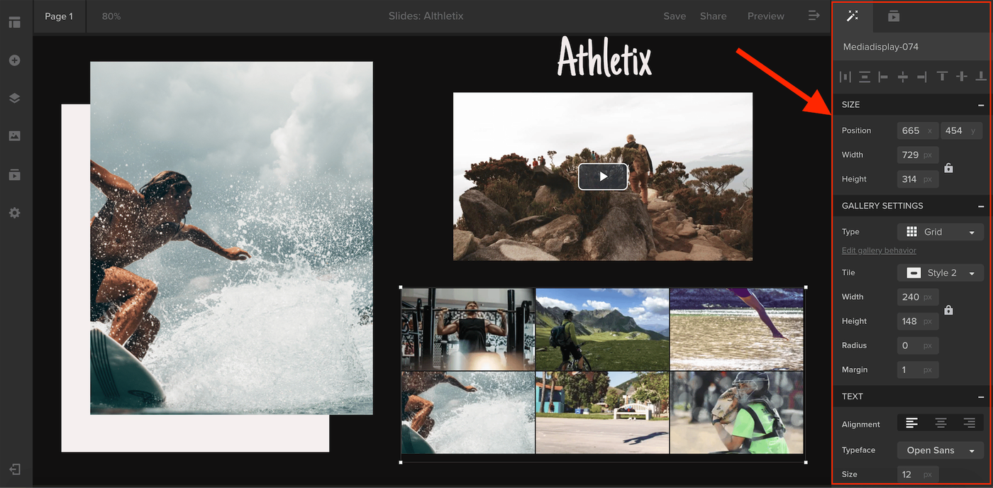 Spotlight editor with the property panel highlighted, showing size, gallery, and text settings