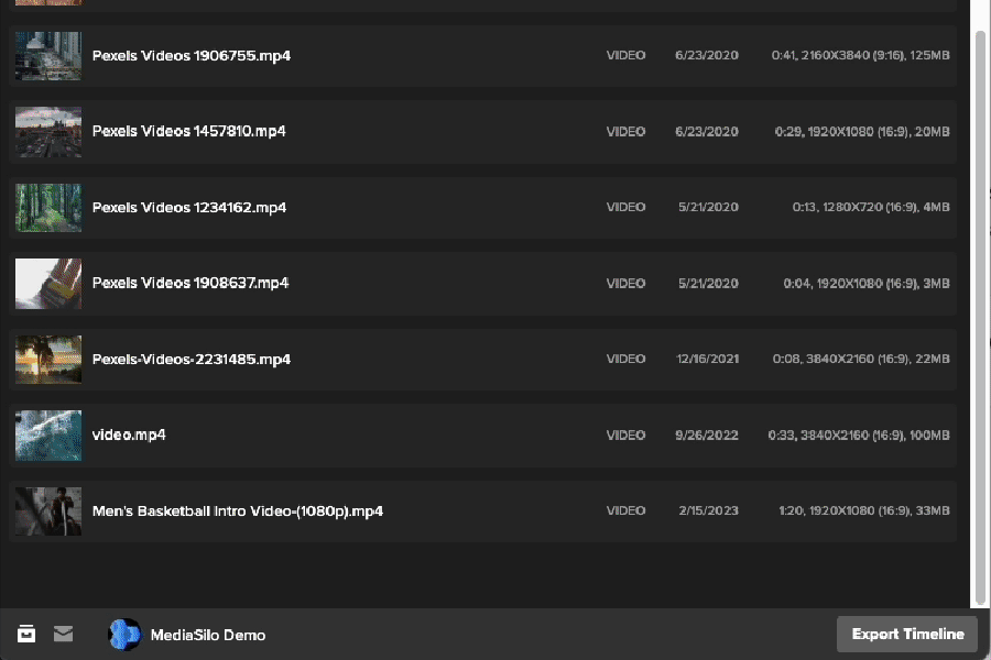 MediaSilo panel in DaVinci Resolve Studio listing project videos with an Export Timeline button