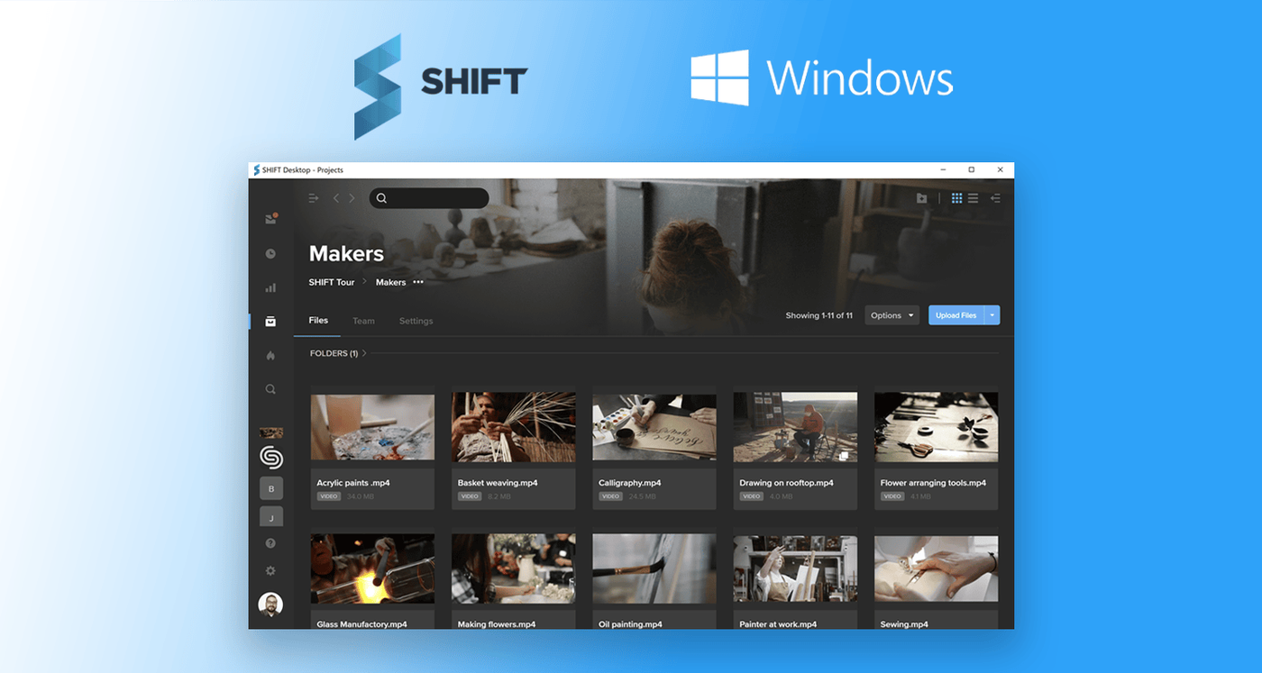 SHIFT desktop app for Windows showing a Makers project of video files