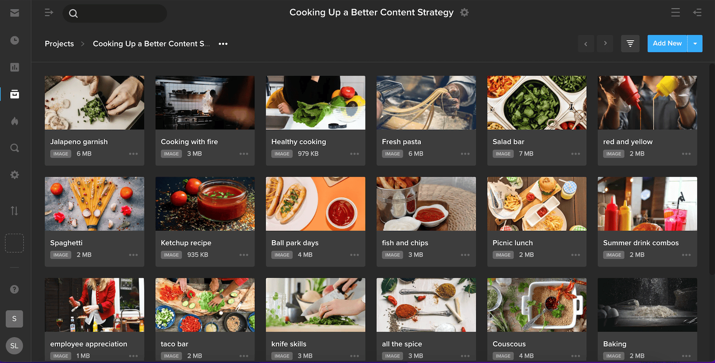 MediaSilo project Cooking Up a Better Content Strategy showing a grid of food image assets