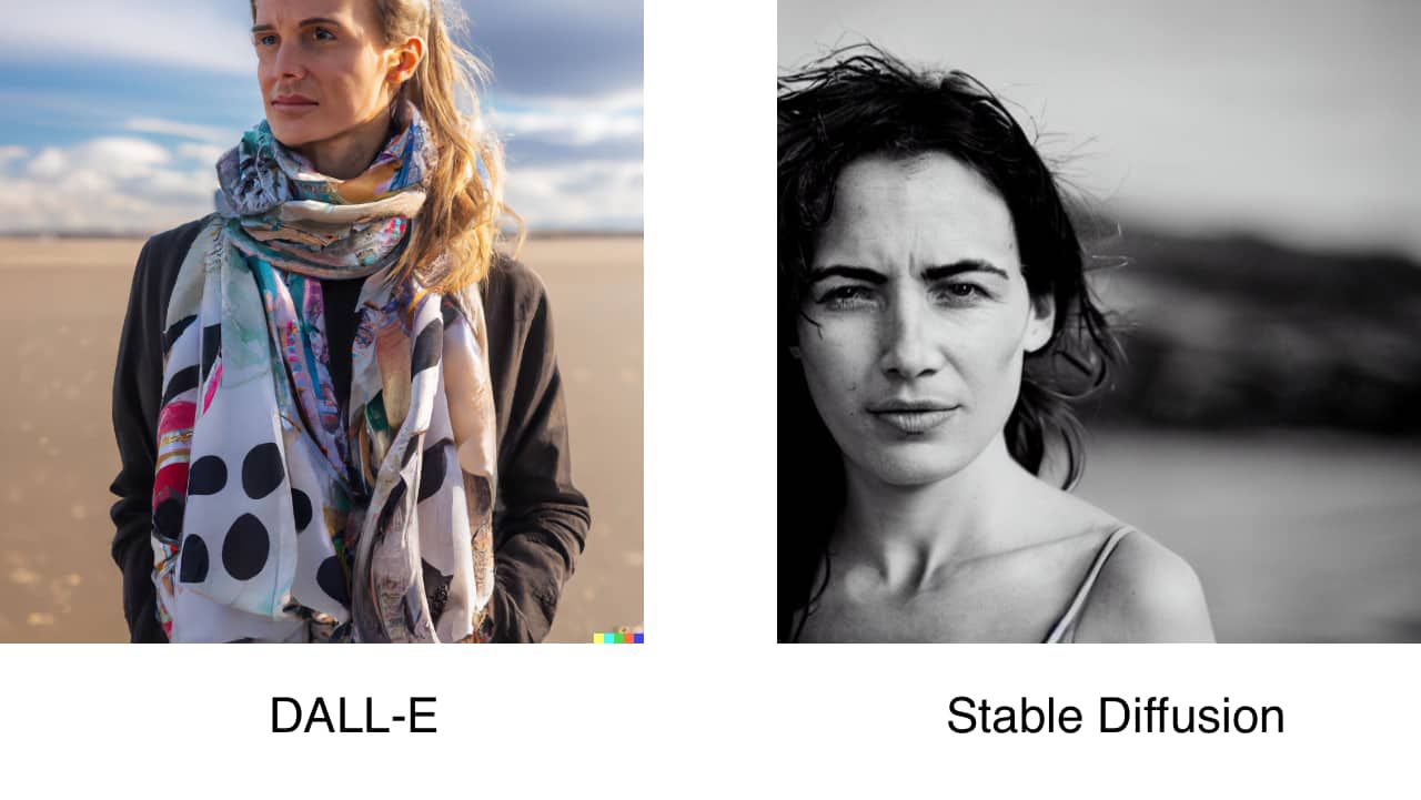 AI-generated portraits of a woman on a beach from DALL-E and Stable Diffusion, side by side