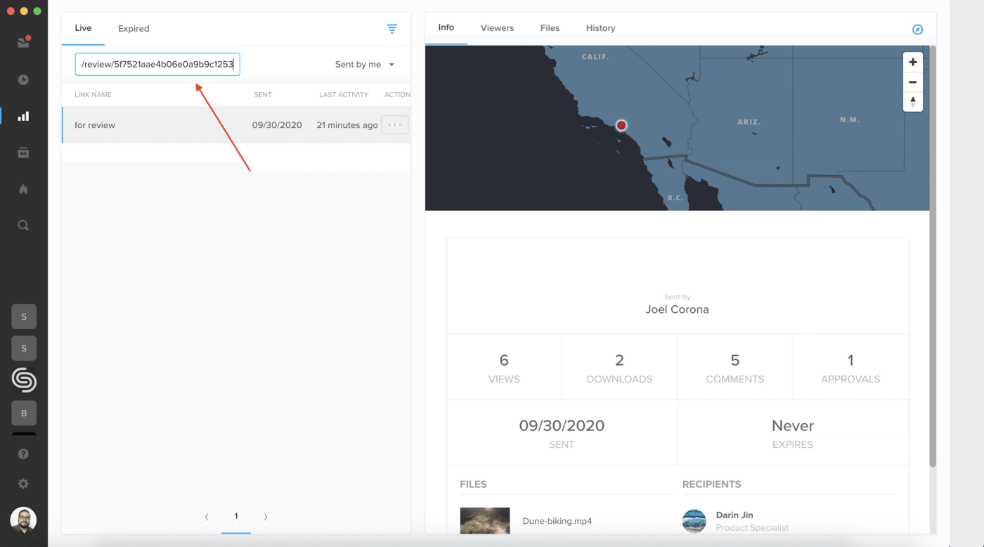 MediaSilo Reporting page searching for a review link by URL, with link views and downloads