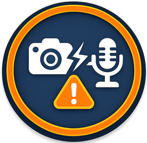 Icon of a camera and microphone with a warning sign, representing footage lost at handoff