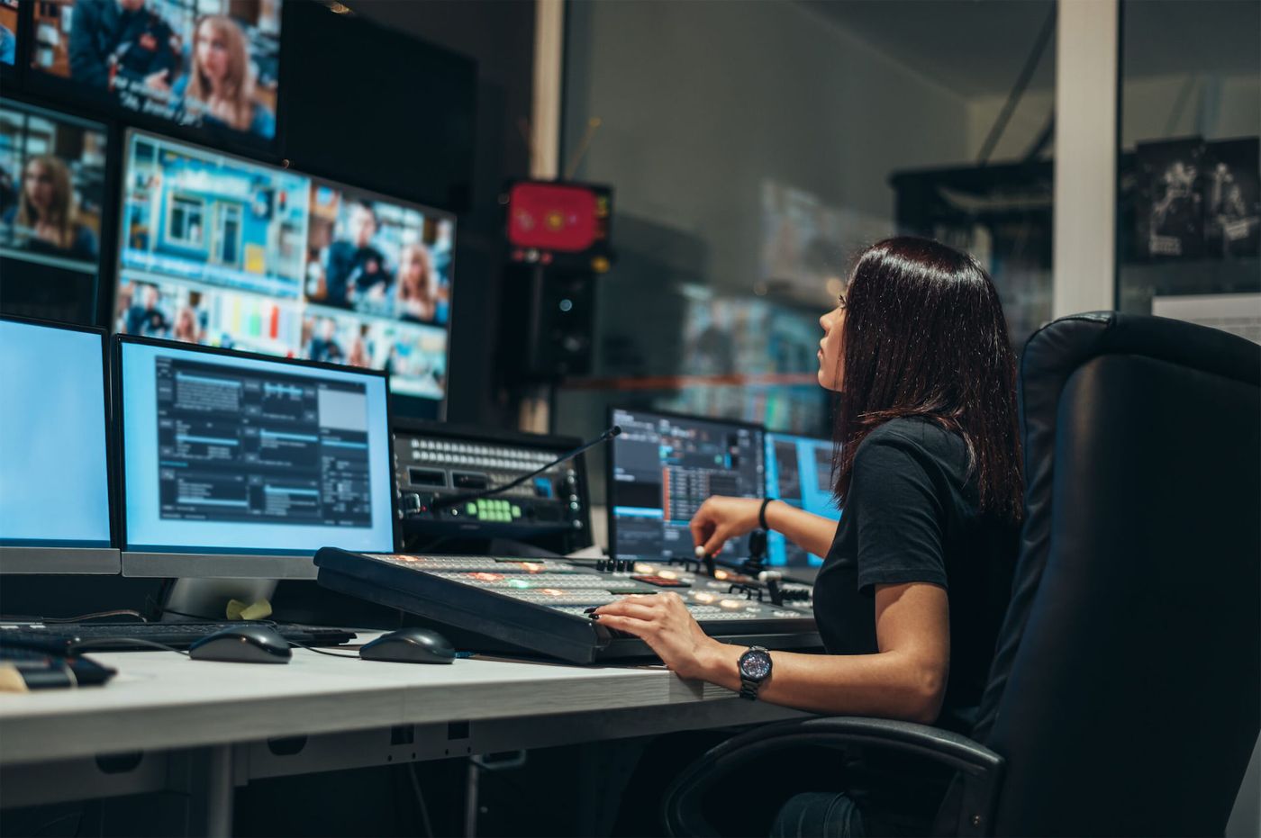 Woman working at a broadcast control room desk surrounded by monitors