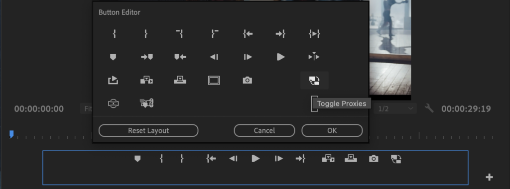 Adobe Premiere Pro Button Editor with the Toggle Proxies button being added to the monitor controls