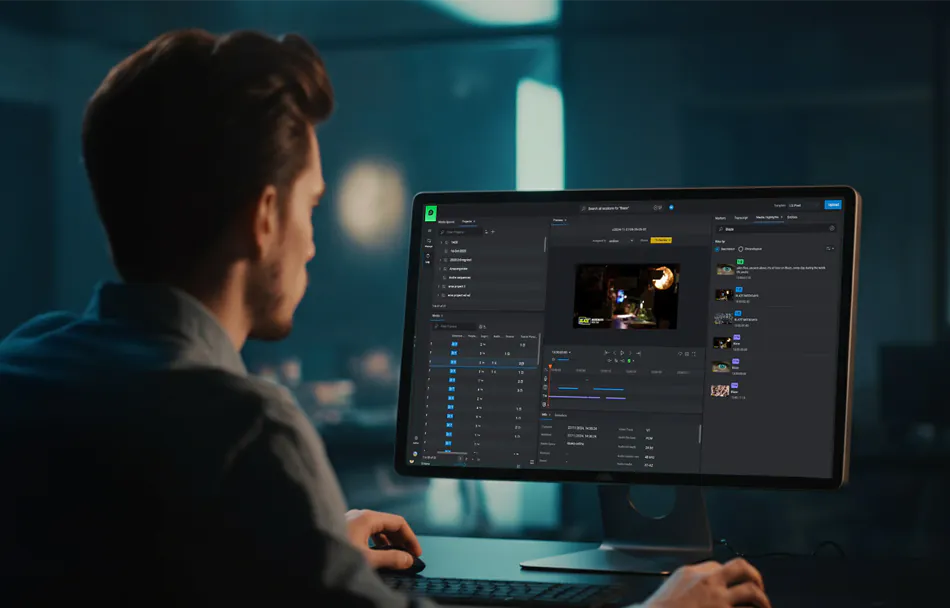 Editor searching a media library in FLOW AI on a desktop monitor