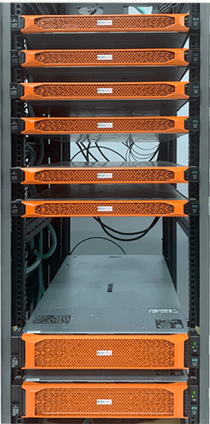 Rack of orange EditShare EFS storage nodes installed in a server cabinet