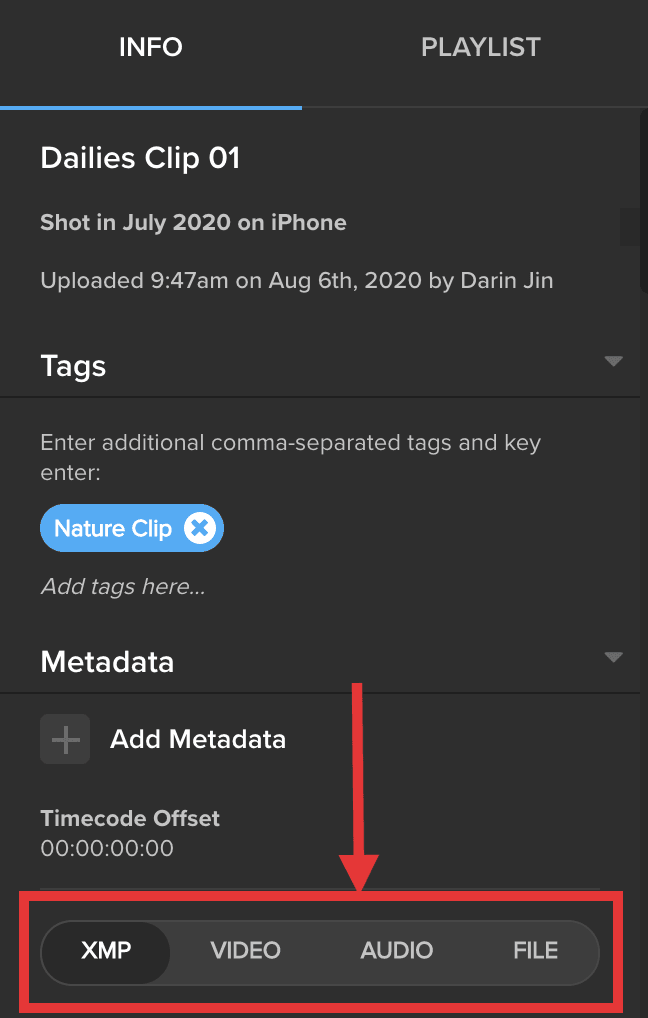 MediaSilo asset info panel highlighting new XMP, Video, Audio, and File metadata tabs