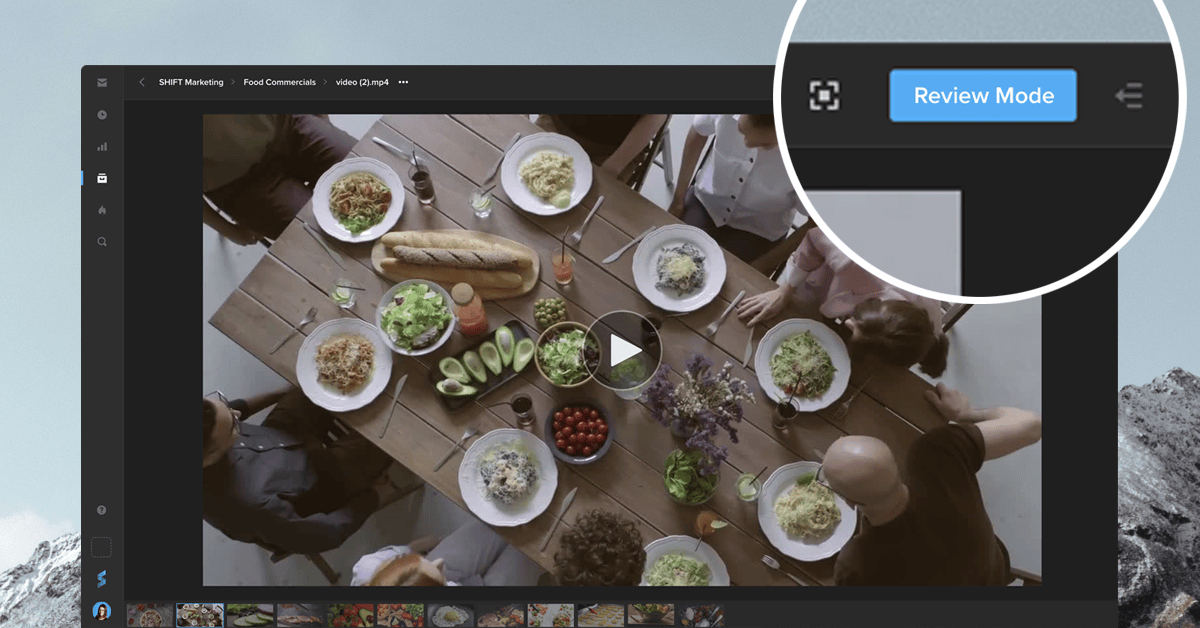 MediaSilo asset view with the Review Mode button highlighted for in-project commenting