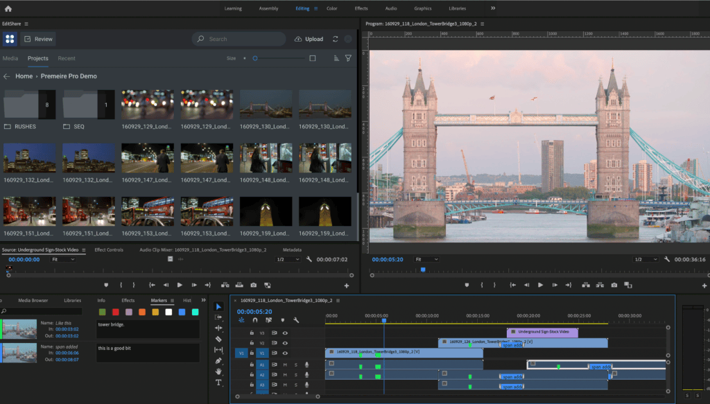 Adobe Premiere Pro with the EditShare FLOW panel docked, showing project bins beside a Tower Bridge clip in the program monitor