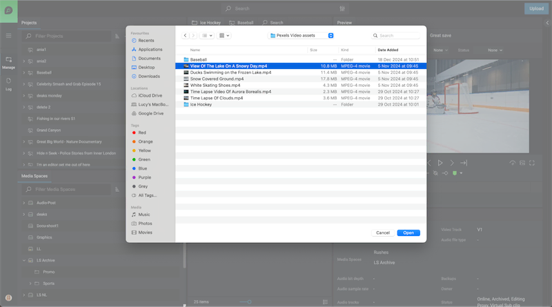 FLOW upload dialog with a video file selected from a local folder