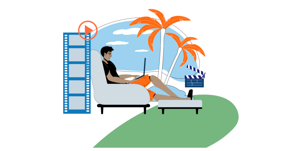 Illustration of an editor working remotely on a laptop in a lounge chair under palm trees