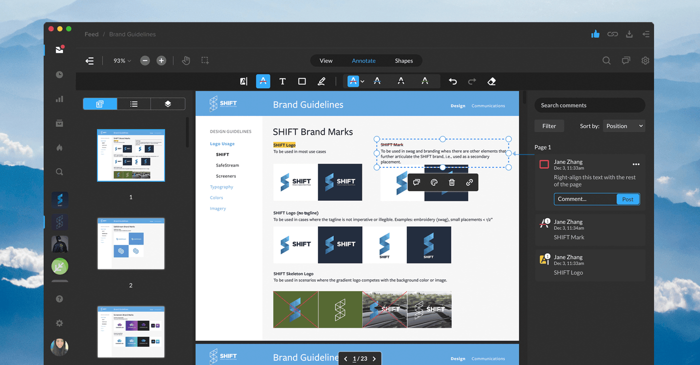MediaSilo document review annotating a brand guidelines PDF, with page thumbnails and time-stamped comments