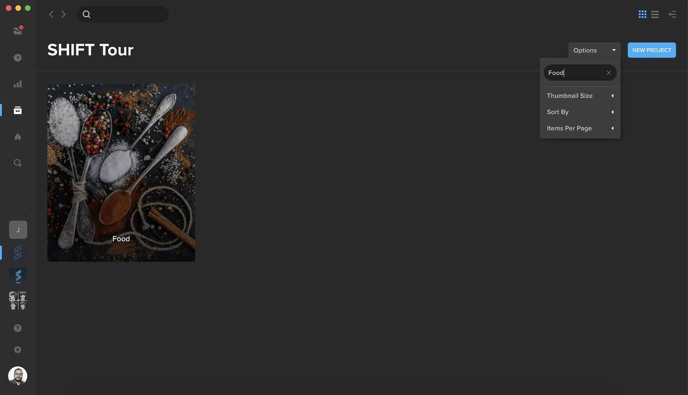 MediaSilo Projects page with the Options menu filtering projects by title