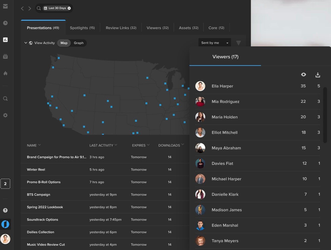 MediaSilo Insights dashboard with a viewer activity map, presentation list and viewer view and download counts